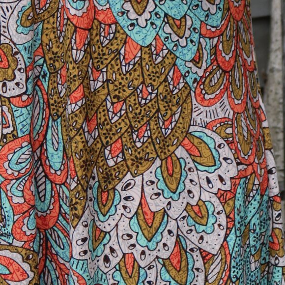 Anne Klein Aqua Peacock Feather Print Sleeveless Poly Knit V-Neck A-Line Dress 2 - Picture 2 of 6